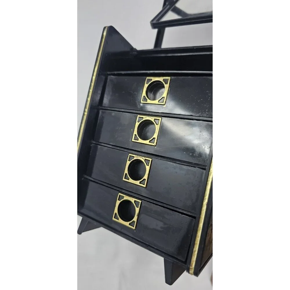 Vintage Hong Kong Black Vanity Jewelry Trinket Box Flip Rotating Mirror Floral